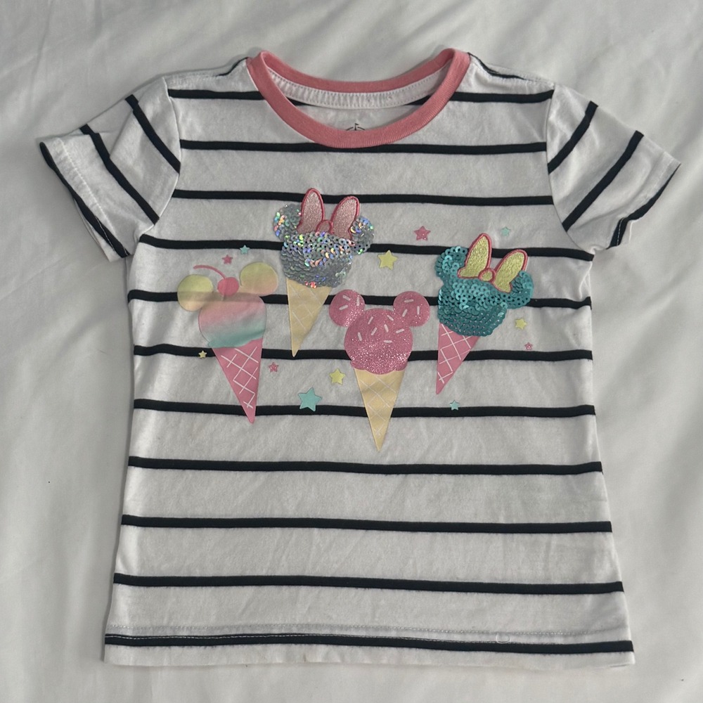 Disney Girls Size XS/4 Mickey Minnie Ice Cream Striped Sequin Short Sleeve Shirt